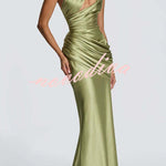 Emina Satin One Shoulder Asymmetrical Neck Cutout Back Lace-up Drape Maxi Dress