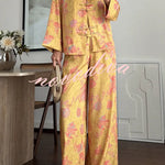 Floral Print Satin Knotted Button Long Sleeve Shirt and Elastic Waist Pocket Wide Leg Pants Set