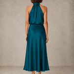 Sabine | Teal Satin Draped Halter-Neck Midi Dress