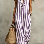 Fashionable Striped Print V-neck Ruffled Sleeveless Pockets Casual Midi Dress