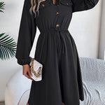 A-line Long Sleeves Buttoned Pleated Solid Color Tied Lapel Midi Dresses Shirt Dress