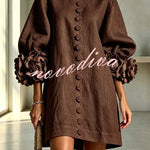 Rima Linen Blend Flowers Button Down Floral Cuffs Half Sleeve Mini Dress