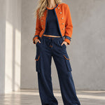 Retro Sporty Color-blocked Blue Cotton Pants
