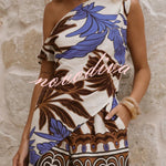 Unique Printed Asymmetrical Off-shoulder Top and Elastic Waist Casual Pocket Shorts Set