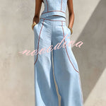 Elysia Contrast-Stitch Linen Two-Piece Set