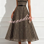 Stardust Plaid and Sequin Bow Patchwork Detail Strapless A-line Midi Dress