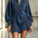Suede Embroidered Print Tassel Stand Neck Long Sleeve Pocket Mini Dress