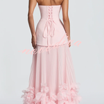Serafina Strapless Back Lace-up Handcrafted Floral Appliqués Pleated Hem Gown Maxi Dress