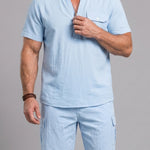KZZ Men's Casual Short-Sleeve Stand-Collar Shirt and Shorts