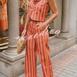 City Outfit Colorful Stripes Button Up Vest and Elastic Waist Pocket Loose Pants Set
