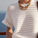 Casual Fashionable Holiday Style Hollow Knitted White Short-Sleeved Shorts Suit