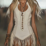 【24-hour shipping out】Elegant Western Chic Round Neck White Tassel Mini Dress