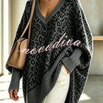 Relaxed Style Knit Leopard Print V-neck Batwing Sleeve Loose Sweater