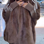 Plush Hooded Vertical Stripe Printed Casual Coat
