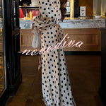 Chrissa Satin Polka Dot Print Lace Trim High Rise Flare Drape Maxi Skirt