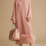 Retro Fashion Pink Turtleneck Furry Hem Knitted Midi Dress