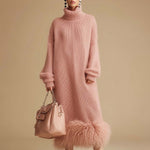 Retro Fashion Pink Turtleneck Furry Hem Knitted Midi Dress