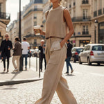 Casual Breathable Urban Style Beige Knitted Top And Cotton Pants Set