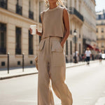 Casual Breathable Urban Style Beige Knitted Top And Cotton Pants Set