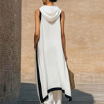 Temperament Casual Hooded White Black Trim White Cotton And Linen Asymmetrical Long Top And Pants Set