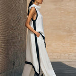 Temperament Casual Hooded White Black Trim White Cotton And Linen Asymmetrical Long Top And Pants Set