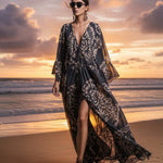Elegant And Flowing Retro Print V-neck Dark Blue Chiffon Slit Maxi Dress