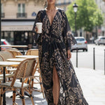 Elegant And Flowing Retro Print V-neck Dark Blue Chiffon Slit Maxi Dress