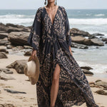 Elegant And Flowing Retro Print V-neck Dark Blue Chiffon Slit Maxi Dress
