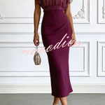Sheer High-Neck Ruffle Sleeve Back Tie-up Top and Slip Ruched Midi Dress Two Pieces Set