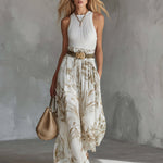 Elegant White Breathable Knit Tank Top Printed Chiffon Wide-Leg Pants Set