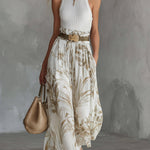 Elegant White Breathable Knit Tank Top Printed Chiffon Wide-Leg Pants Set