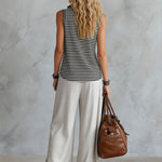 Casual Sporty Retro Half-Zip Black and White Striped Sleeveless Top