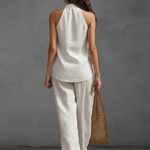 Casual Urban Style White Linen V-neck Sleeveless Top And Wide Leg Pants Set