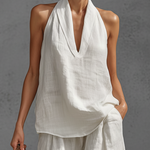 Casual Urban Style White Linen V-neck Sleeveless Top And Wide Leg Pants Set