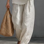 Casual Urban Style White Linen V-neck Sleeveless Top And Wide Leg Pants Set