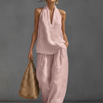 Casual Urban Style White Linen V-neck Sleeveless Top And Wide Leg Pants Set