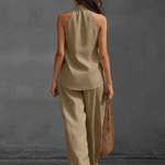Casual Urban Style White Linen V-neck Sleeveless Top And Wide Leg Pants Set