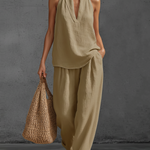 Casual Urban Style White Linen V-neck Sleeveless Top And Wide Leg Pants Set