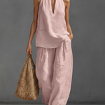 Casual Urban Style White Linen V-neck Sleeveless Top And Wide Leg Pants Set