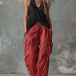 Retro Casual Workwear Style Black V-Neck Mesh Top And Red Cotton Pants Set