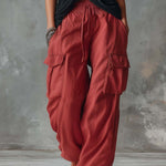 Retro Casual Workwear Style Black V-Neck Mesh Top And Red Cotton Pants Set