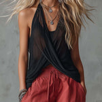 Retro Casual Workwear Style Black V-Neck Mesh Top And Red Cotton Pants Set