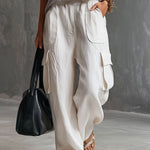 Casual Retro White Cotton And Linen Cargo Pants
