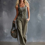 Retro Fashion Sports V-Neck Front-Zip Olive Green Cotton Overalls Jumpsuit
