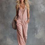 Retro Casual Western V-Neck Front-Zip Light Pink Denim Overalls Jumpsuit