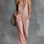 Retro Casual Western V-Neck Front-Zip Light Pink Denim Overalls Jumpsuit