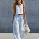 Stylish Casual White Cotton Tank Top And Blue Striped Pants Set