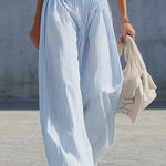 Stylish Casual White Cotton Tank Top And Blue Striped Pants Set