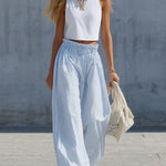 Stylish Casual White Cotton Tank Top And Blue Striped Pants Set