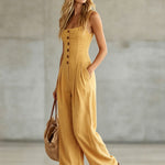 Retro-style Wide-strap Single-breasted Cotton-linen Sleeveless Jumpsuit